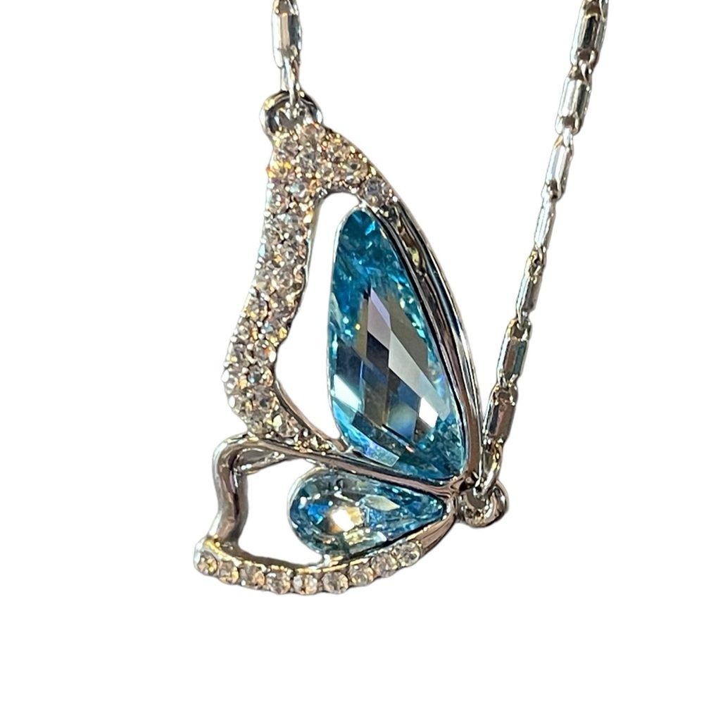 Blue & Silver Crystal Butterfly Wing Necklace - Picture 7 of 9